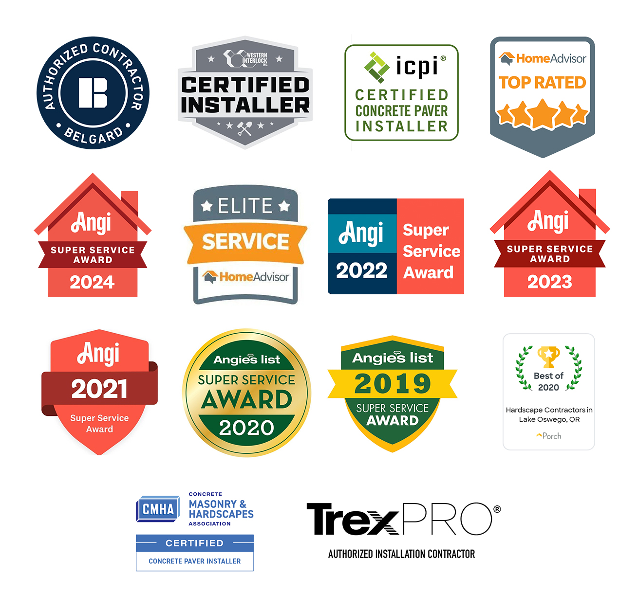Western Paver Design certifications and awards: Belgard Authorized Contractor, Western Interlock Certified Installer, ICPI and CMHA Certified Concrete Paver Installer, TrexPRO, HomeAdvisor Elite Service and Angi Super Service Awards 2019–2024